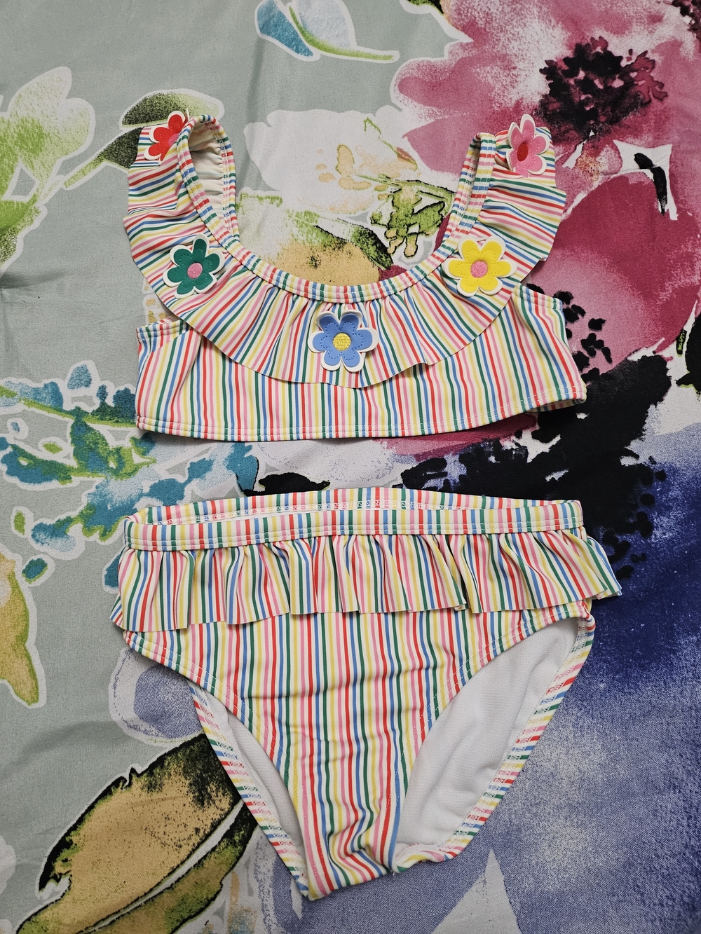 Mini Boden Rainbow Stripe Ruffle Two-Piece Swim Set
